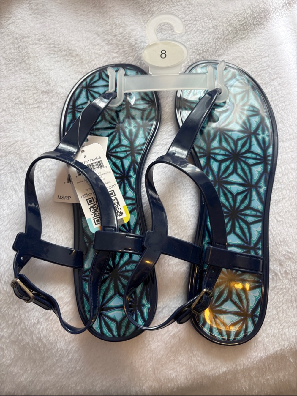 All For Color Navy Blue Jelly Sandals with Teal Geometric Insole